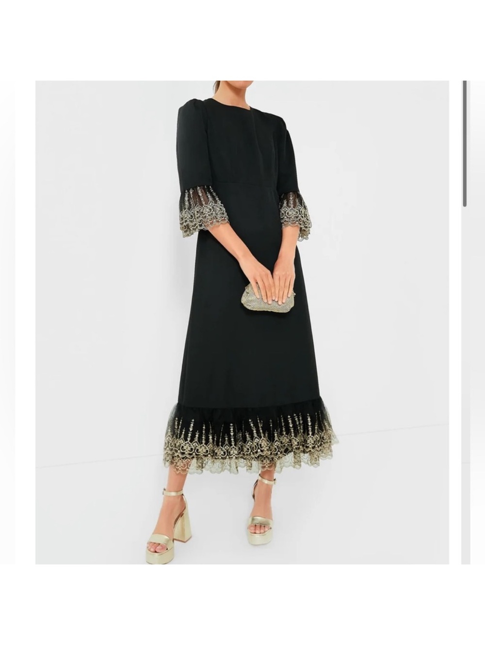 Pomander Place Black Maxi Dress with Gold Lace Trim